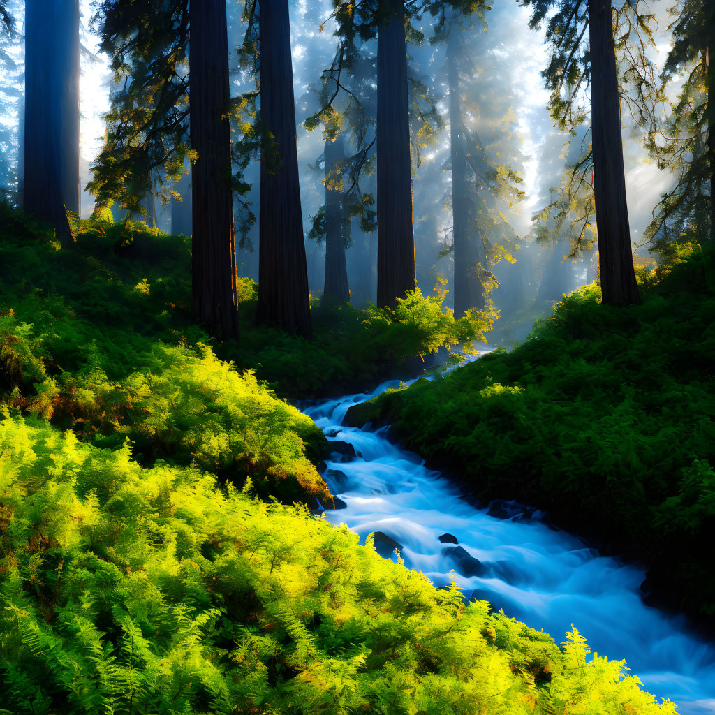 Forest scene: Sunlit trees, lush greenery, blue stream