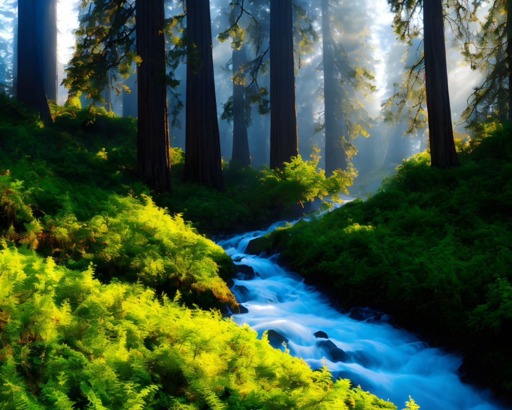 Forest scene: Sunlit trees, lush greenery, blue stream