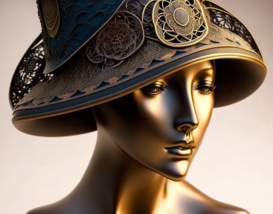 Metallic Mannequin Head with Ornate Wide-Brimmed Hat & Floral Designs