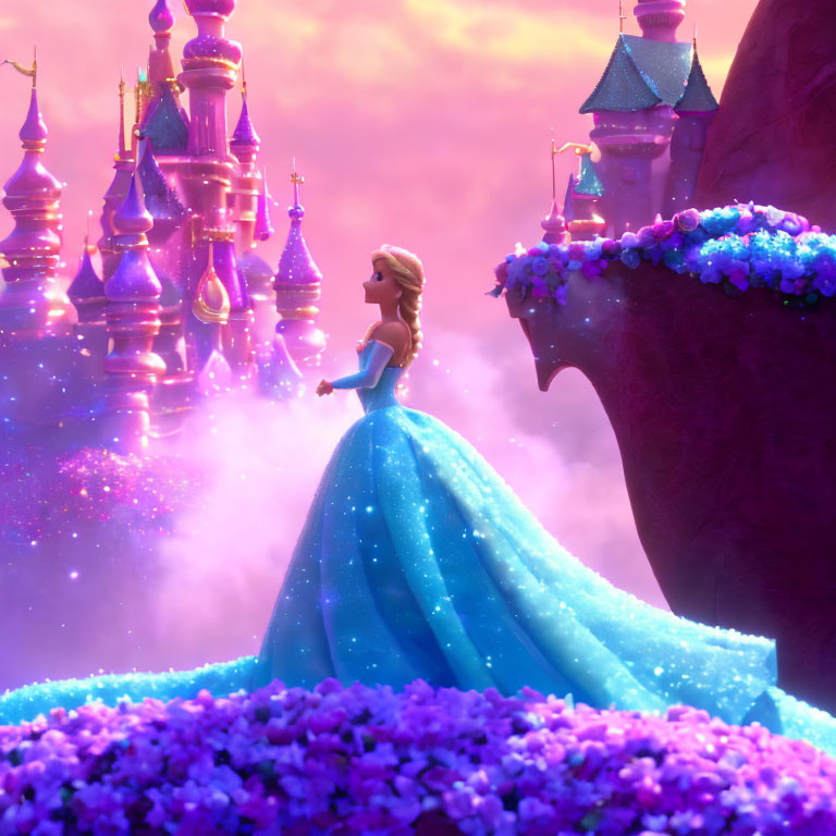 Animated princess in blue gown gazes at distant castle in fantasy landscape