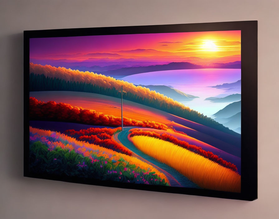 Colorful Sunset Over Rolling Hills Canvas Displayed on Wall