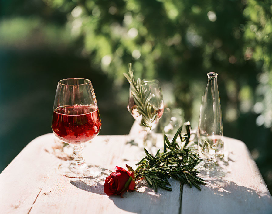 Red wine glass, empty glass, rose, and rosemary on wooden table with green foliage.