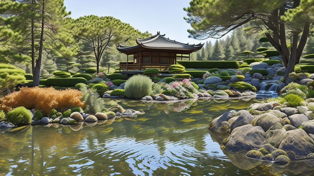 East Asian-style Pavilion Surrounded by Tranquil Pond and Lush Gardens