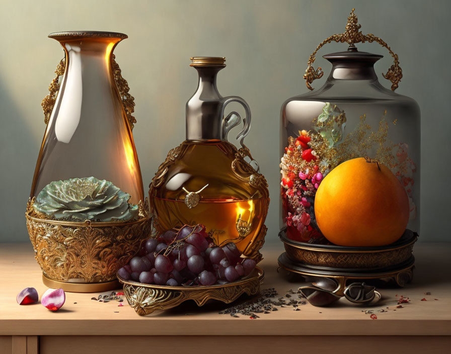 Traditional Still Life Composition with Pitcher, Fruits, and Ornate Bowls