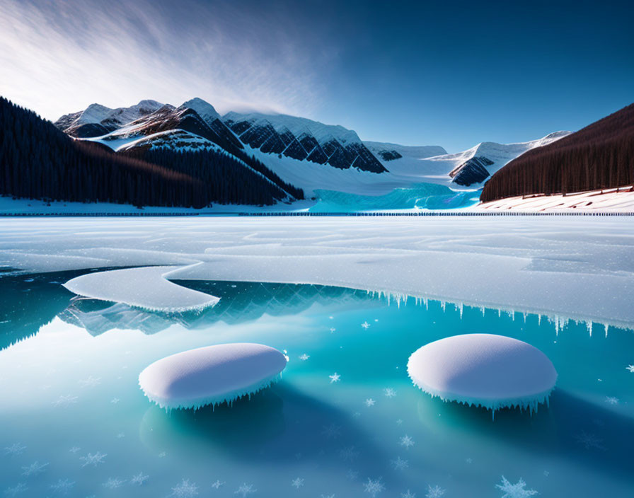 Snow-covered ice formations on frozen lake amidst forested mountains