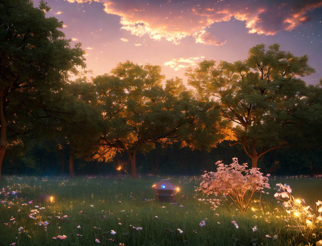 Tranquil Twilight Meadow with Glowing Lanterns and Starry Sky