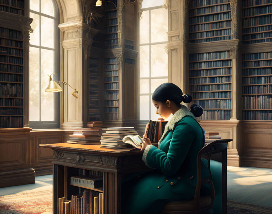 Person reading book in classic library with tall bookshelves, brass lamp, and large windows