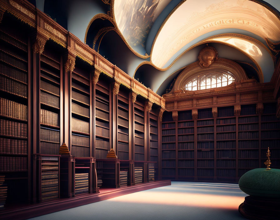 Curved wooden bookshelves in classic library with ornate decorations