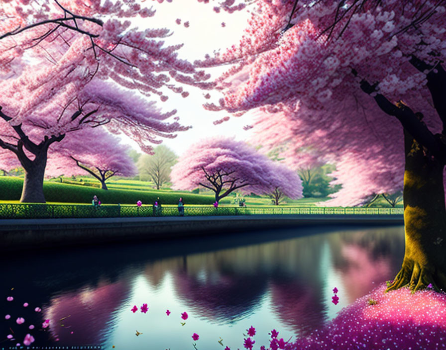 Tranquil river scene with pink cherry blossoms and strolling figures