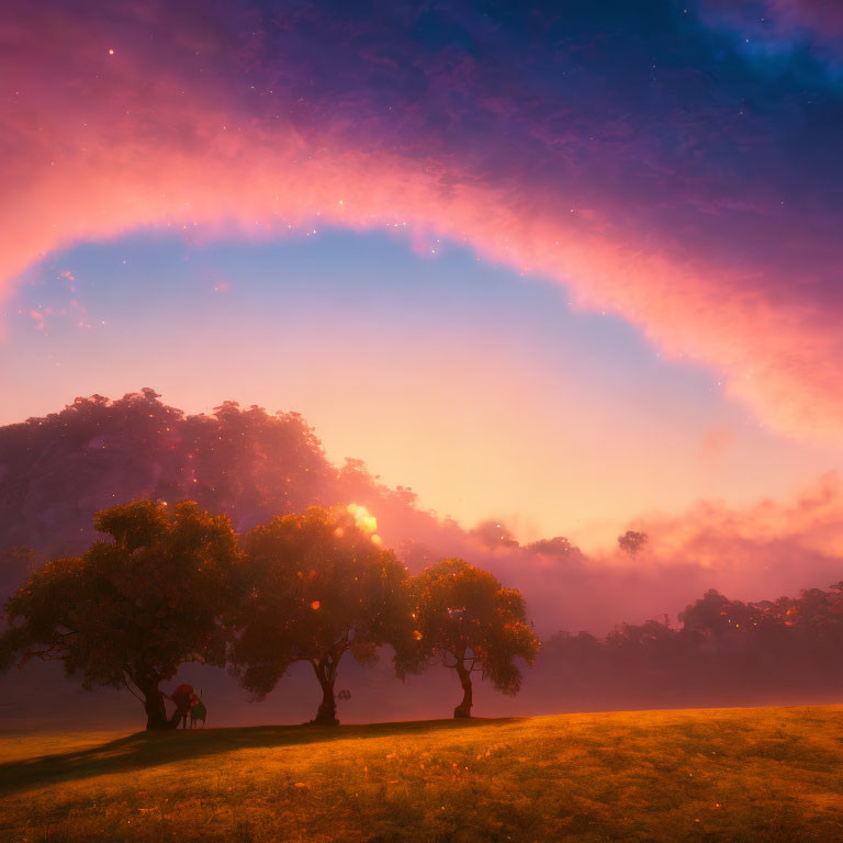 Vibrant purple and orange dusk landscape with silhouetted trees and mystical glow