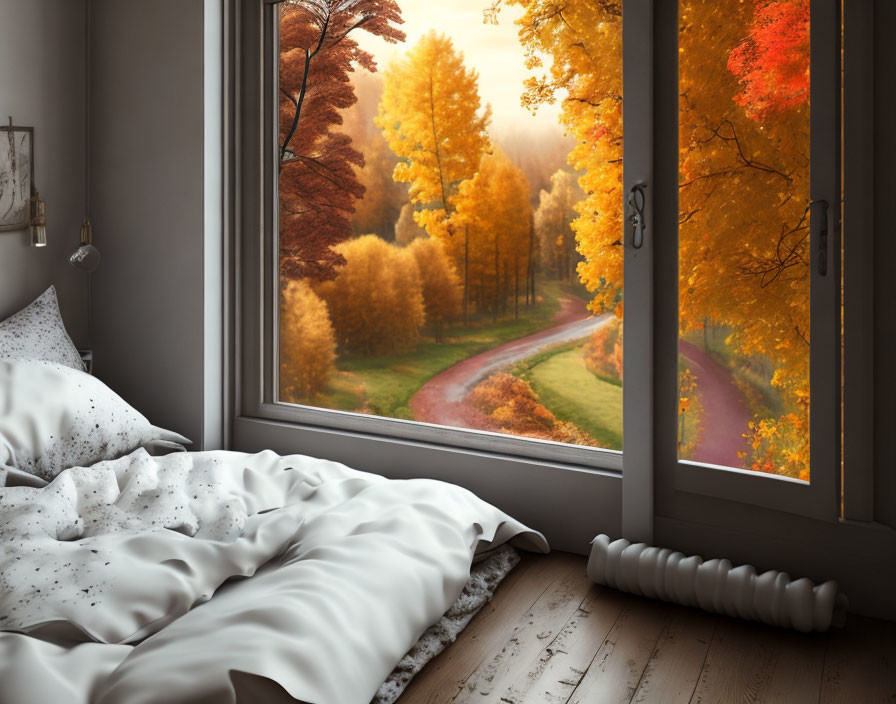 Cozy bedroom with unmade bed and autumn view from large window