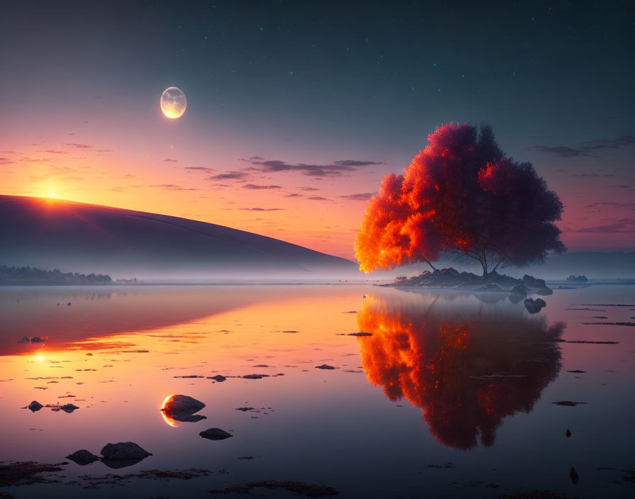 Twilight landscape with luminous tree, starry sky, and crescent moon