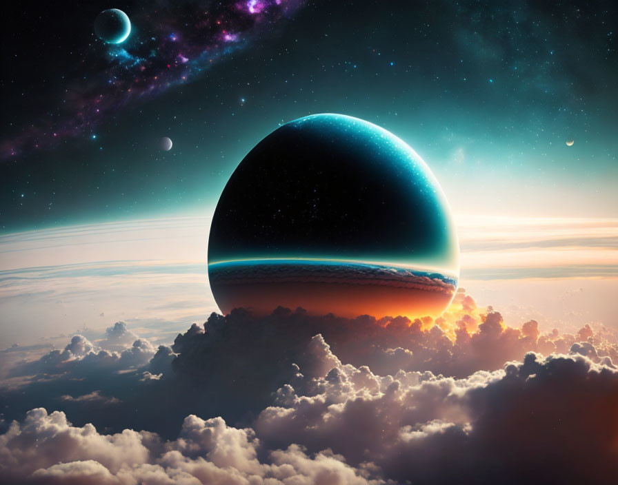 Surreal space scene with large planet and starry sky