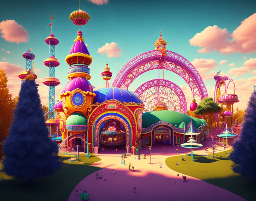 Colorful Amusement Park with Ferris Wheel and Lush Trees