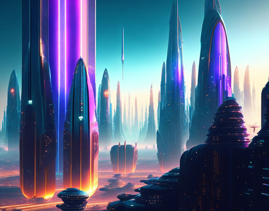 Neon-lit skyscrapers in futuristic cityscape at twilight