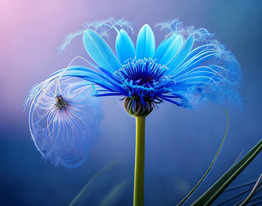 Vivid blue dandelion with feather-like structures on pink and blue background