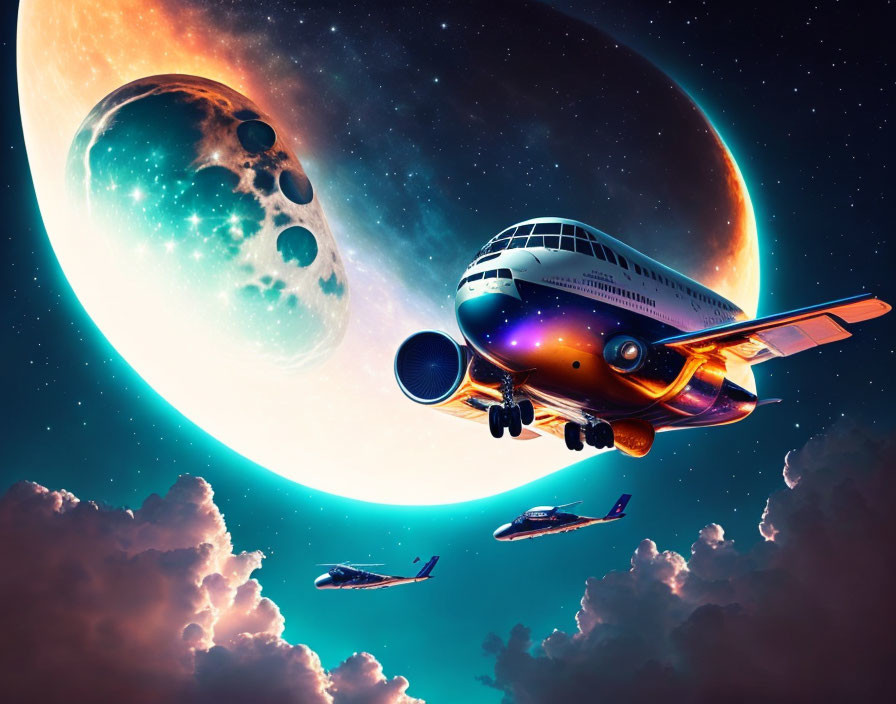 Airplanes flying near gigantic moon in vibrant digital art piece