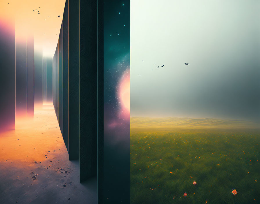 Split composition: abstract portal merges cosmic scene with serene field and flying birds.