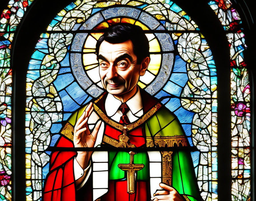 Religious man depicted in stained glass window style