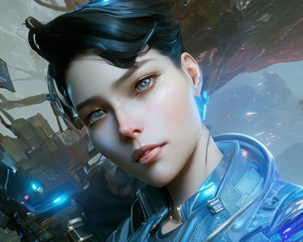 Futuristic digital portrait of young woman with blue earpieces