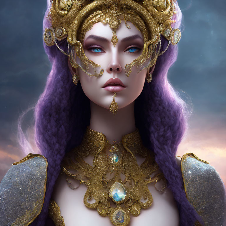 Regal figure with violet hair and ornate headpiece against moody sky.