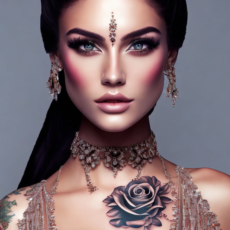 Woman with Striking Makeup and Jewel Accessories, Including Forehead Piece and Elaborate Earrings