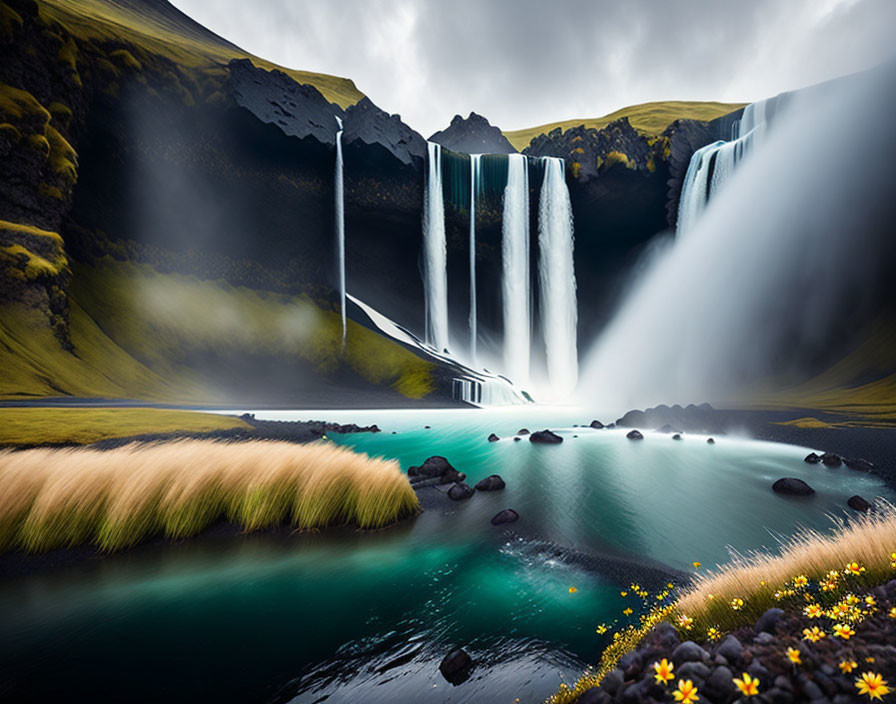 Serene pool with cascading waterfalls and lush cliffs