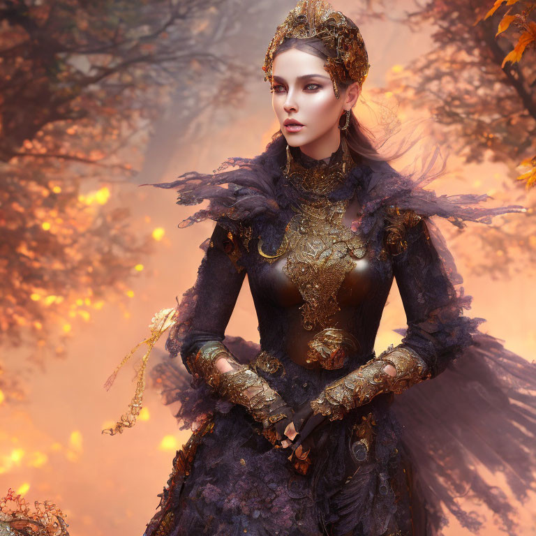 Regal woman in golden armor and dark gown in misty forest portrait