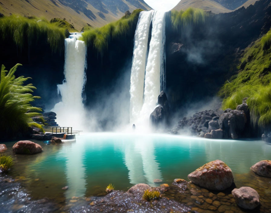 Tranquil turquoise pool with twin waterfall in lush setting