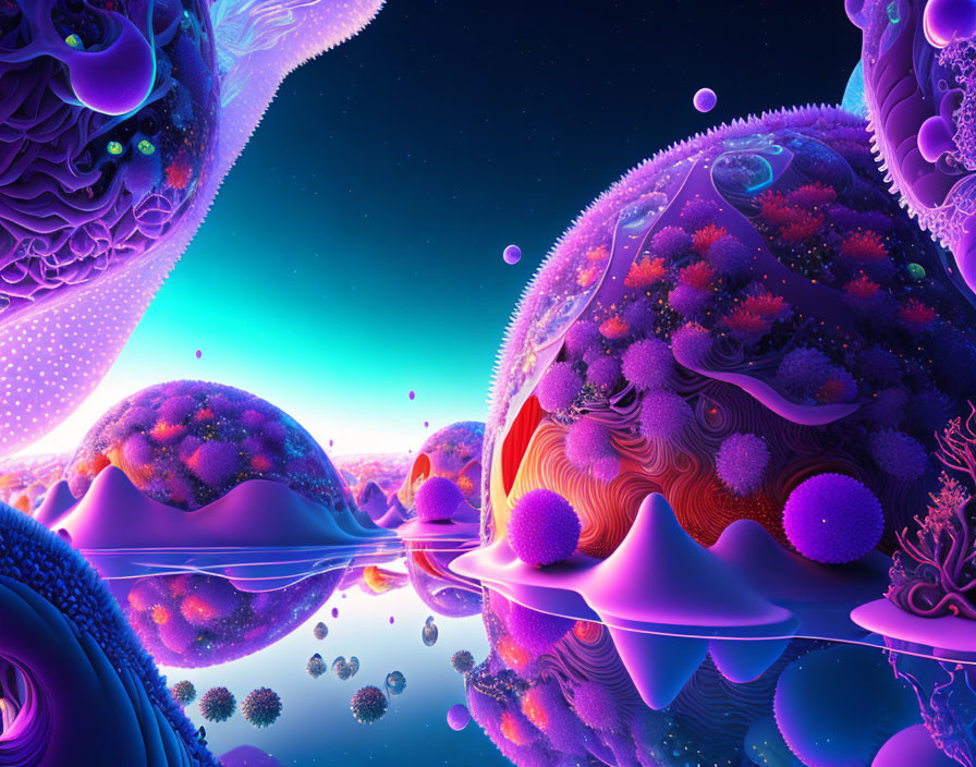 Surreal landscape with neon colors and cosmic reflections