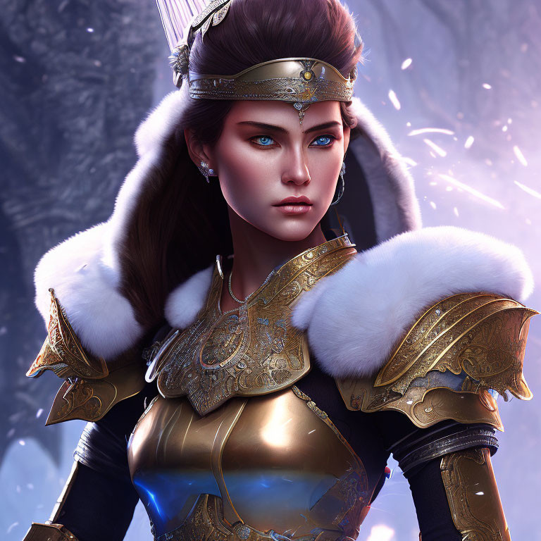 Digital artwork of female warrior in golden armor with blue eyes