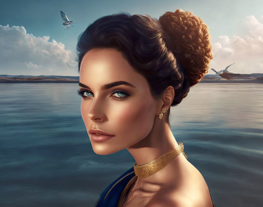 Digital painting of a woman with intricate updo and blue eyes in serene waterscape