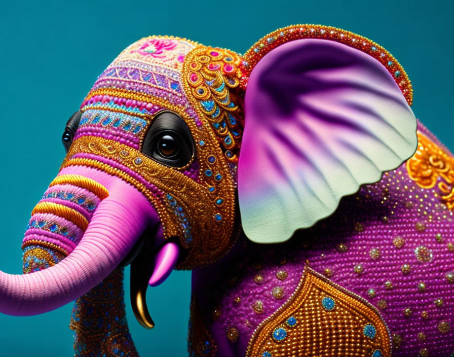 Colorful Beaded Elephant Model on Teal Background