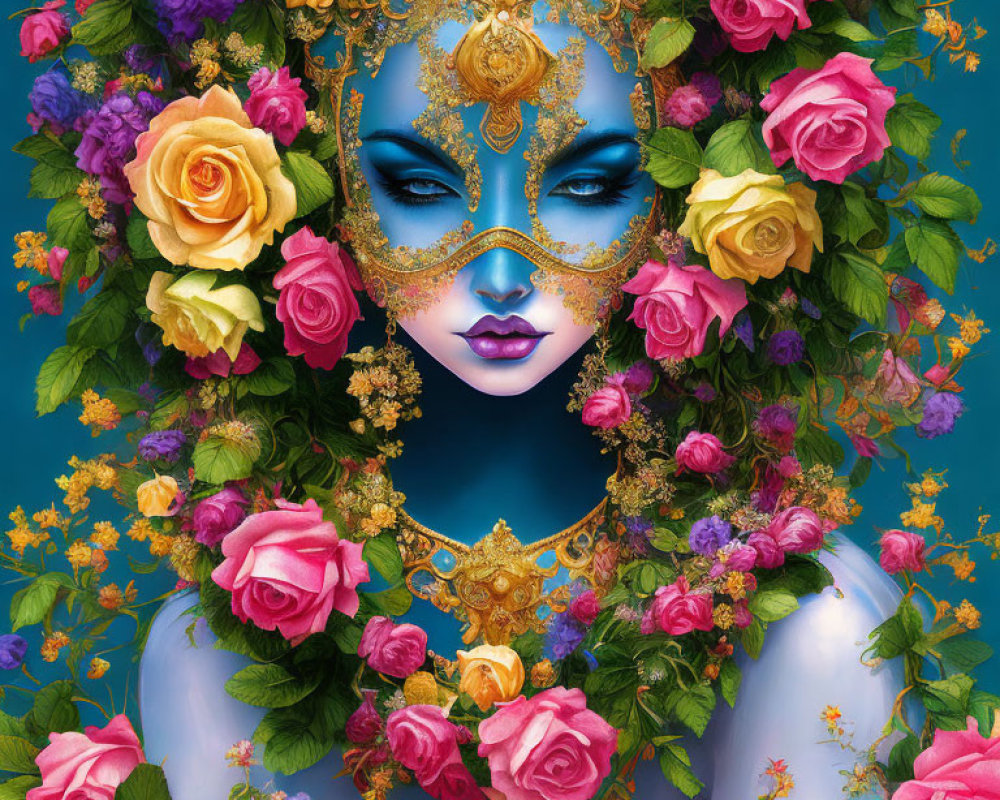 Figure with Blue Skin in Golden Mask Surrounded by Colorful Roses