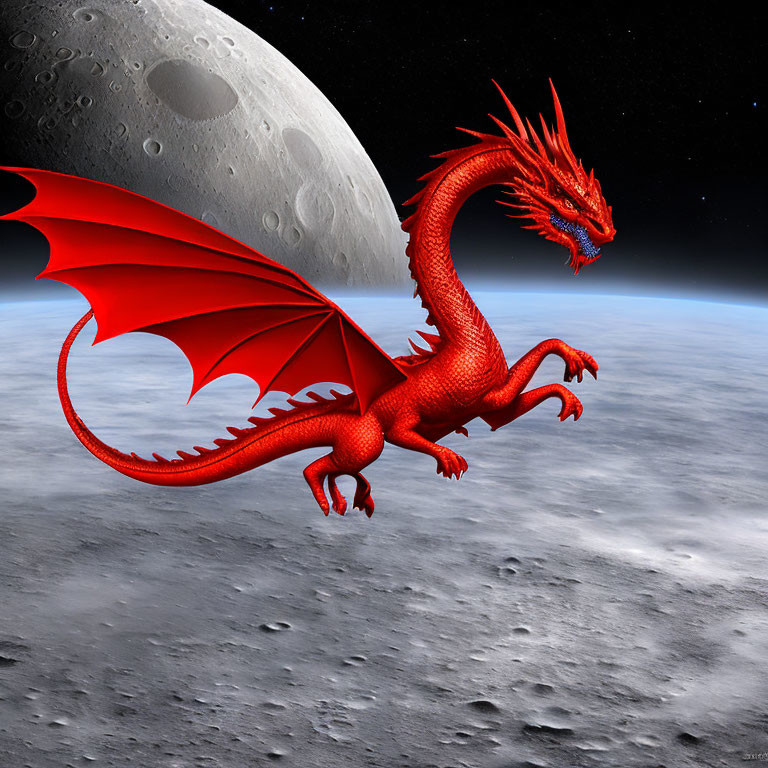 Red dragon with large wings over lunar surface with Earth's moon