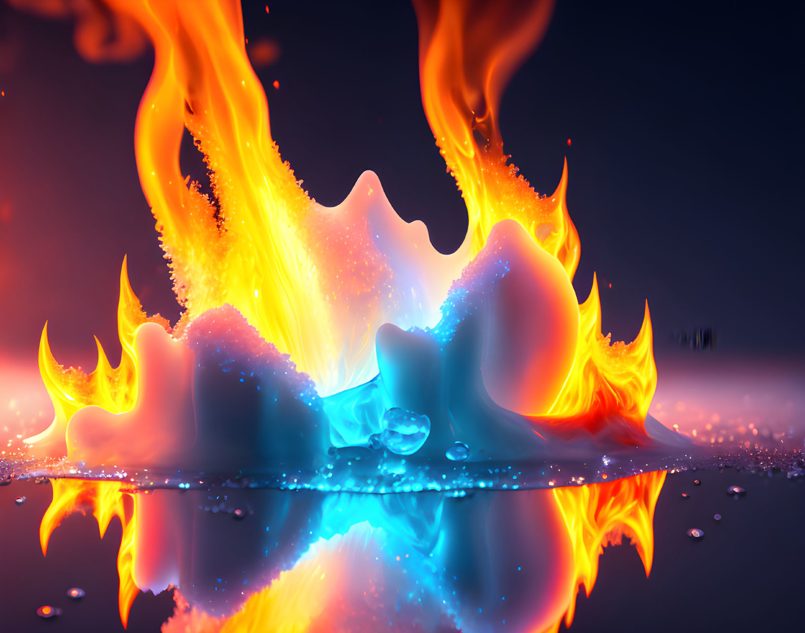 Colorful Flames Reflecting on Blue Surface: Fire and Ice Contrast