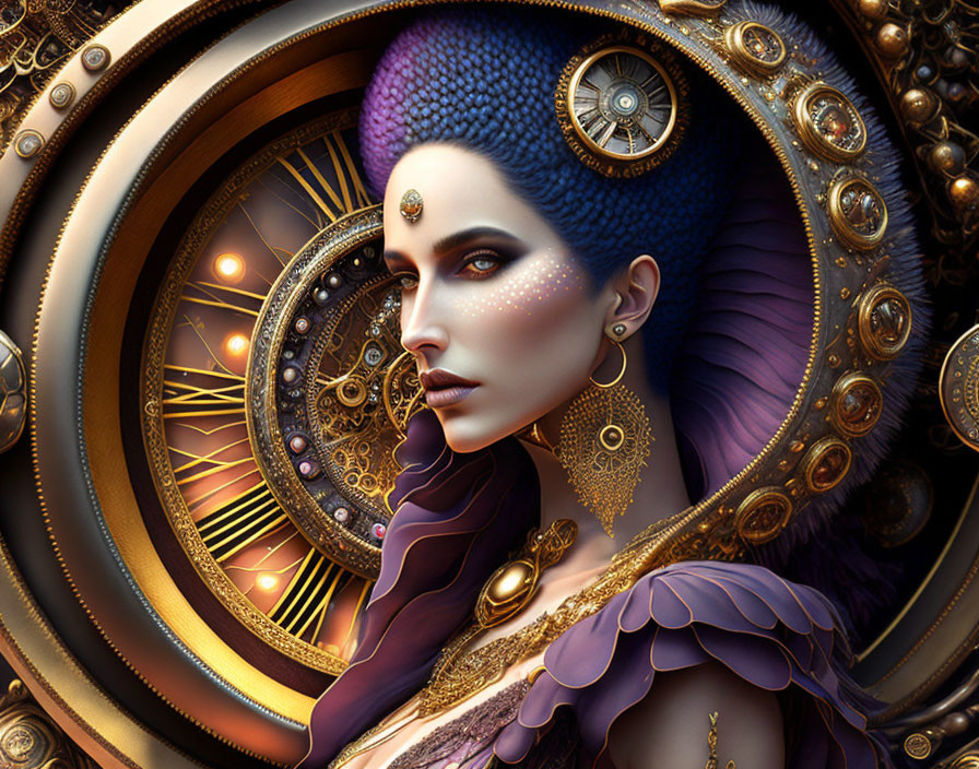 Digital Artwork: Woman with Blue Hair and Golden Jewelry Among Mechanical Gears