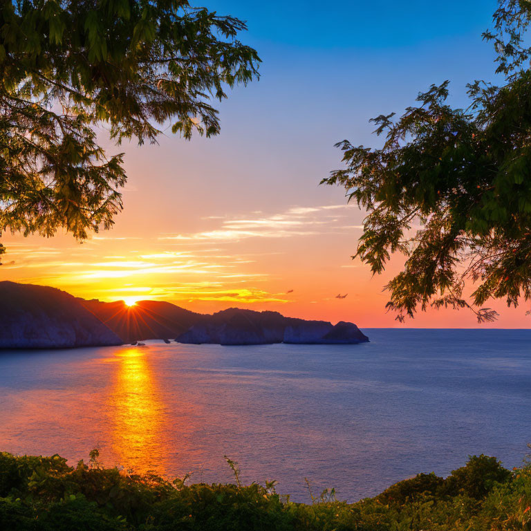 Scenic sunset over calm sea with mountain silhouette and leafy foreground