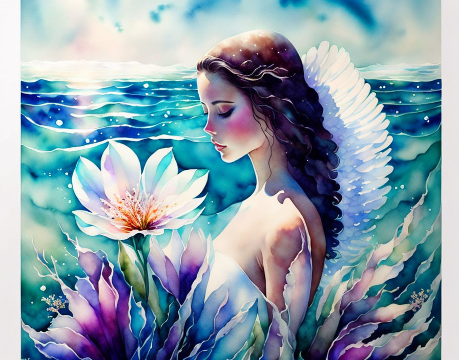 Watercolor illustration: Female figure merging with ocean elements and blooming lotus