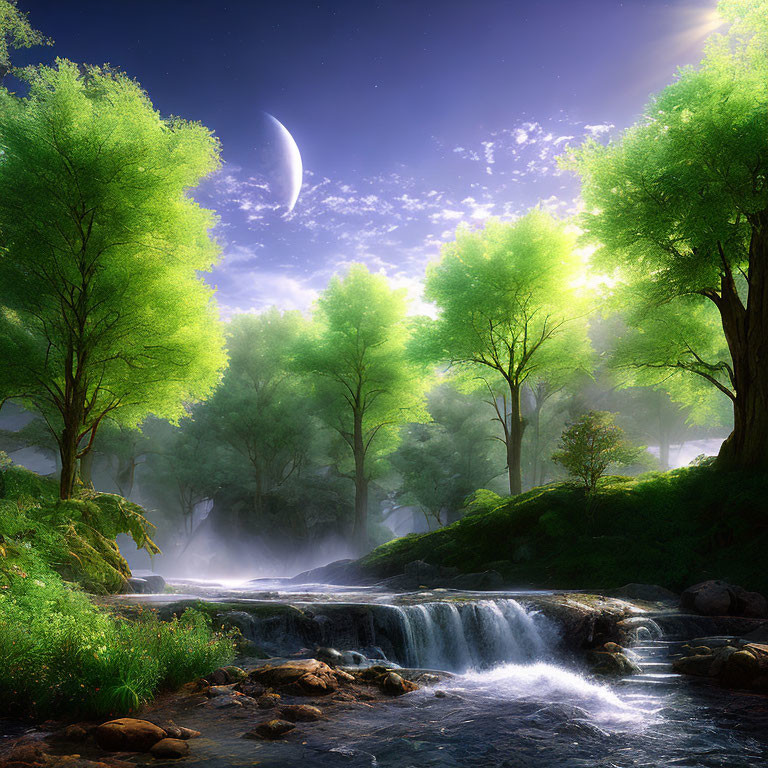 Tranquil forest scene with river, sunlight, and crescent moon