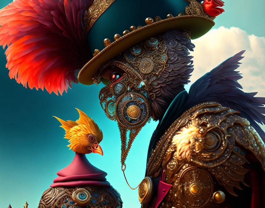 Colorful artwork featuring two ornately dressed bird characters in detailed armor and feathered hats against a teal