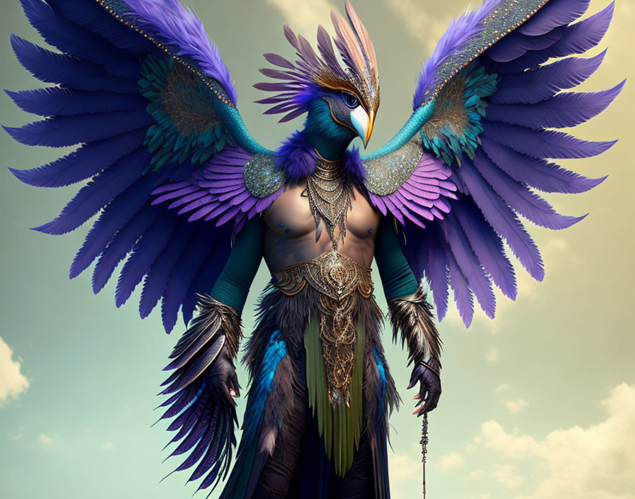 Vibrant blue and purple humanoid bird creature with golden armor and staff