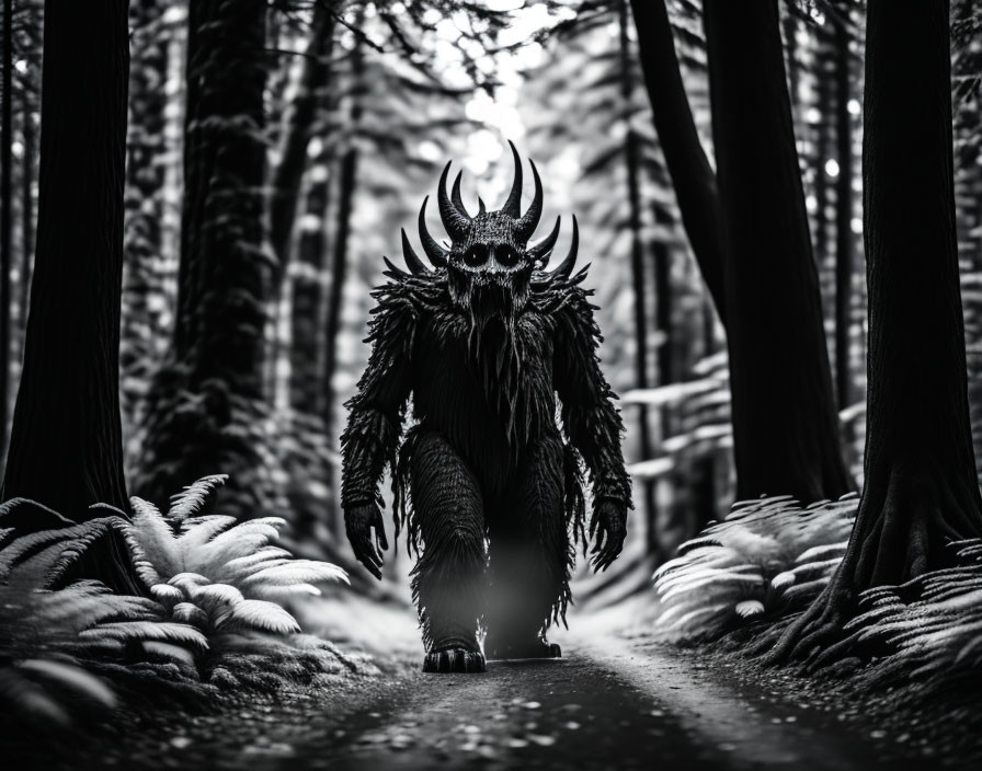 Monochrome image of menacing creature with horns and fur in forest setting