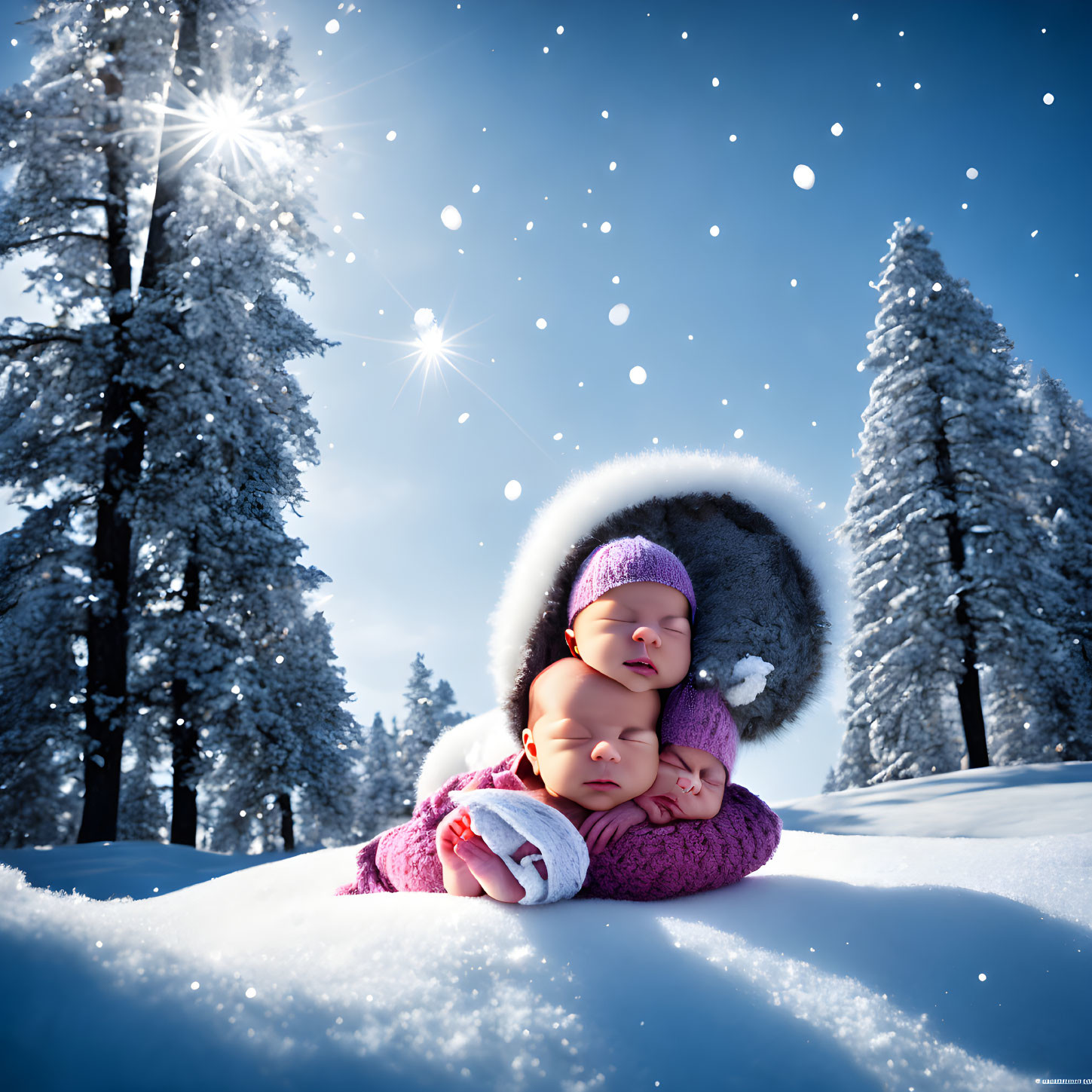 Two peacefully sleeping babies in winter clothing on snow blanket with sunlit evergreen trees.