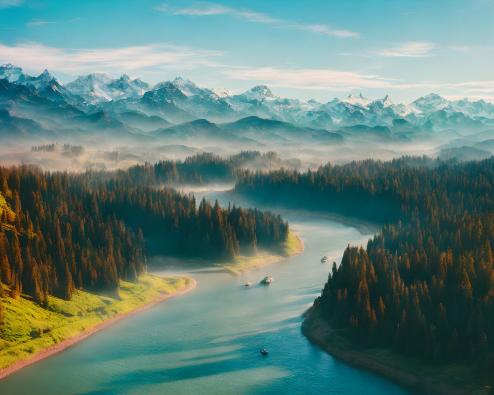 Majestic mountain landscape with winding river and snowy peaks