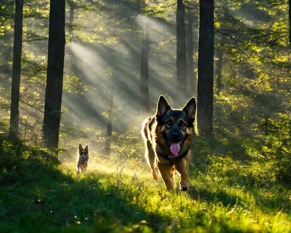 Two dogs running in sunlit forest with beams of light