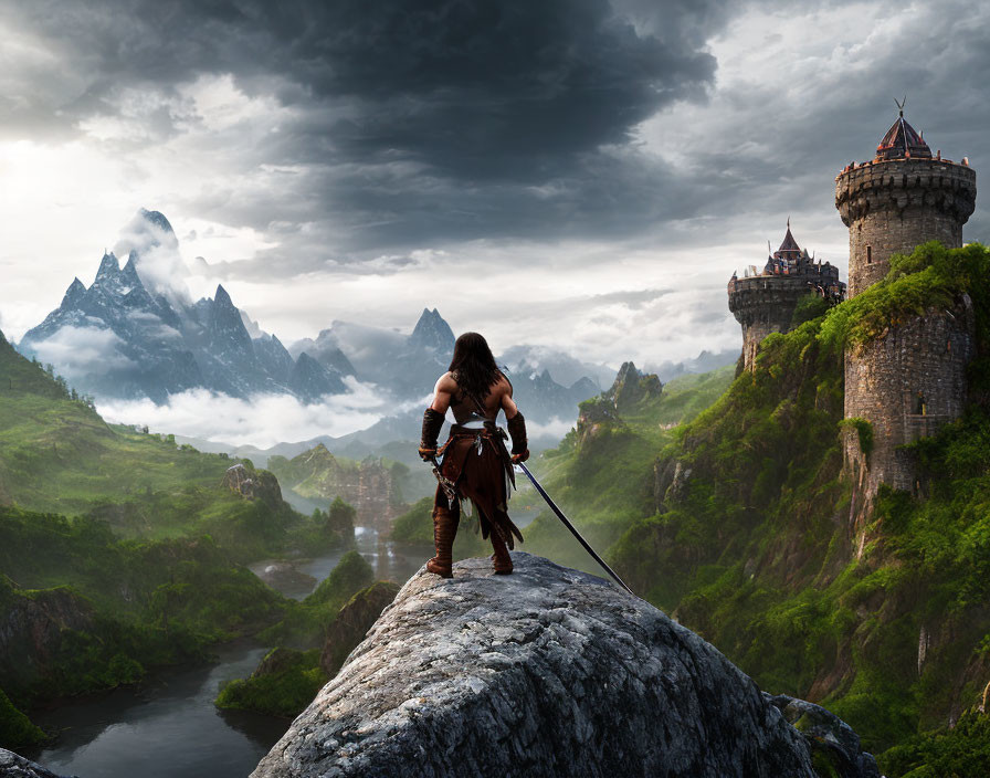 Warrior in mystical landscape with castle, mountains, winding river, dramatic sky