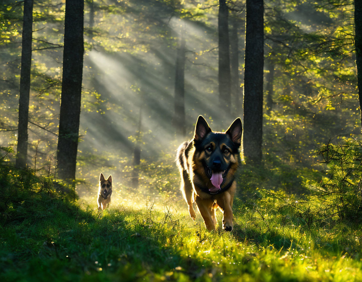 Two dogs running in sunlit forest with beams of light