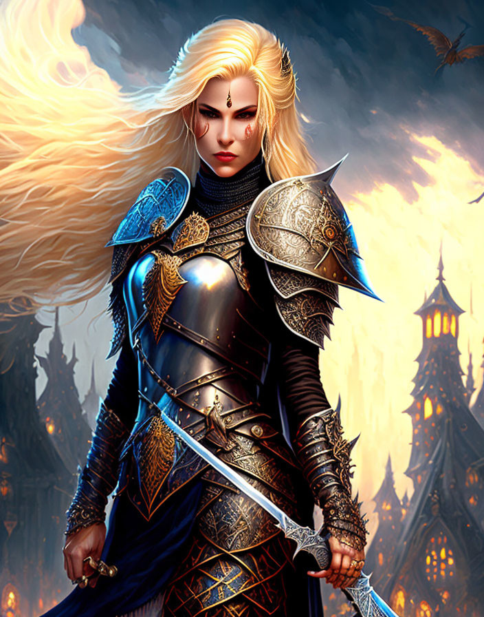 Detailed digital illustration of fierce female warrior in black and gold armor with sword, set in fantastical backdrop