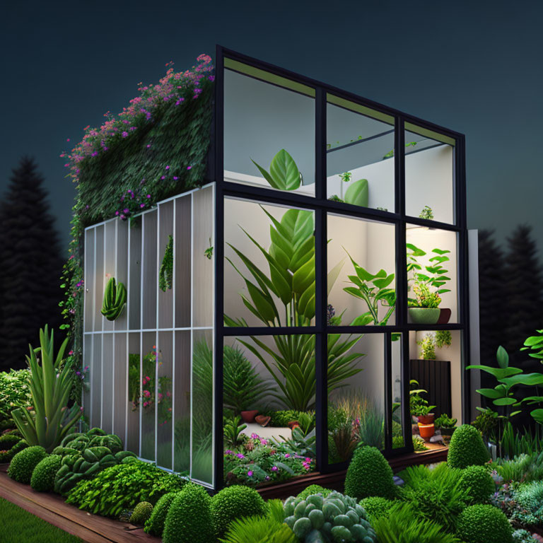 Modern Black-Framed Greenhouse Surrounded by Lush Plants at Twilight